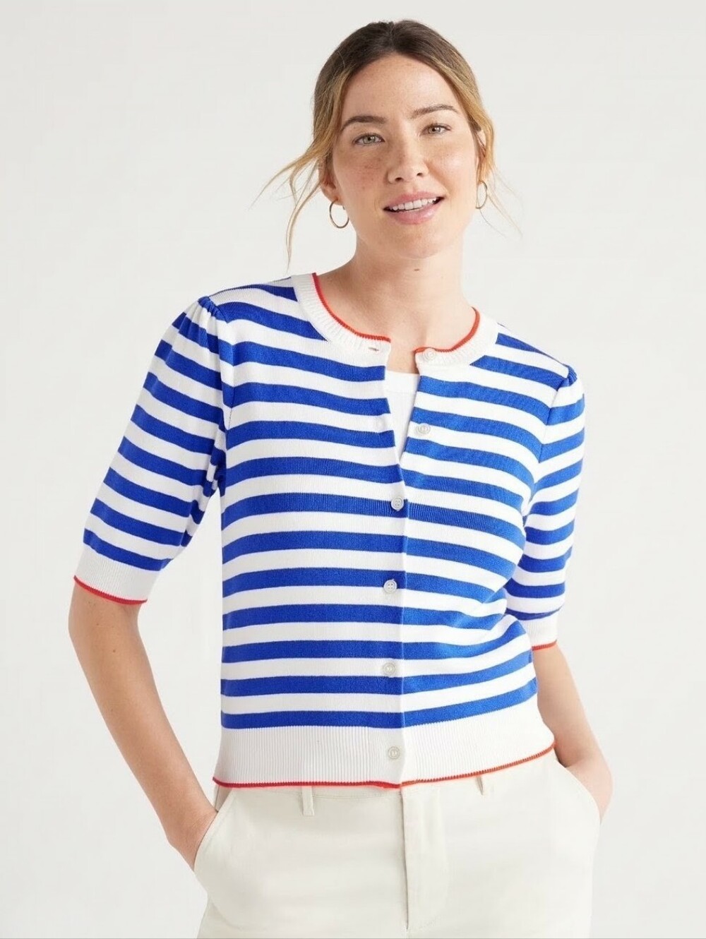Free Assembly Striped Blue & White Button-Front Women’s Sweater Size L